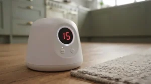 Control panel of an electronic laser cat toy highlighting the automatic shut-off timer for energy saving.