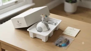 Unboxed app-controlled cat toy for iPhone alongside its USB charging cable and quick-start guide on a wooden table.