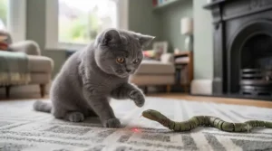 An intelligent electronic cat toy shaped like a snake crawling across hardwood flooring.