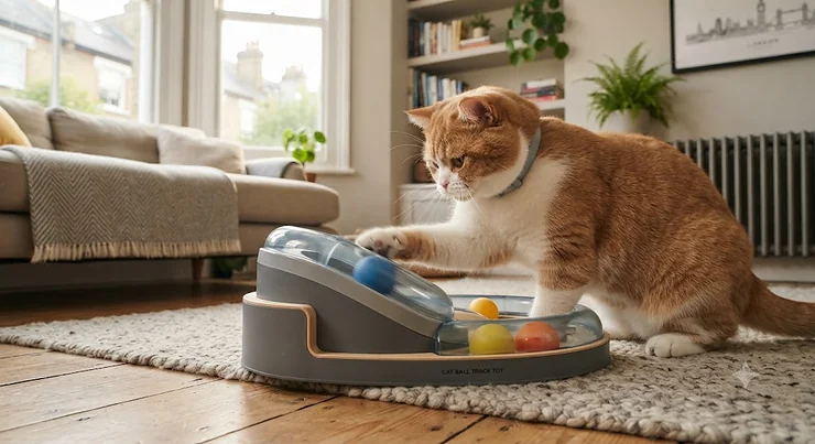 A ginger tabby cat playing with the top ball track toy for cats in a modern British living room. top ball track toy for cats
