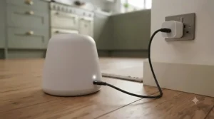A USB cable plugged into a rechargeable automatic laser cat toy sitting on a wooden side table.
