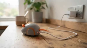A USB-rechargeable self-moving cat toy plugged into a charger for convenient everyday use