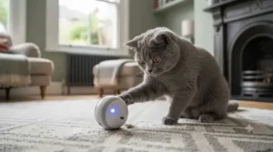 A USB-rechargeable electronic cat toy ball flashing LED lights on a rug.
