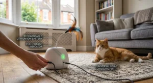 Hand plugging a USB charger cable into a modern motion sensor cat toy.