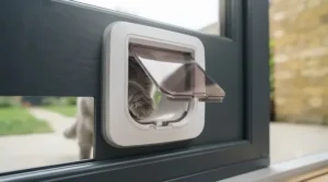 Close-up of a sturdy cat flap installed neatly into a white uPVC back door common in British homes.