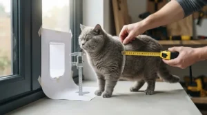 Diagram showing how to measure a cat's width and height to choose the correct size pet door.