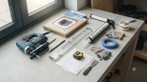 Essential DIY tools laid out on a table, including a jigsaw, spirit level, and pencil for fitting a cat door.