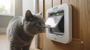 A large Maine Coon cat approaching a modern selective entry microchip cat flap.