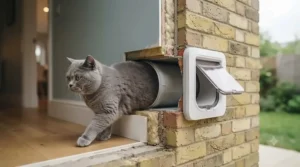 A fitted cat flap tunnel extending through an exterior brick cavity wall for a large feline.