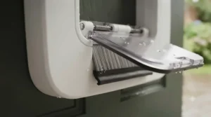 Detailed view of the magnetic closure and weatherproof brush seal on a draught-proof lockable cat flap.