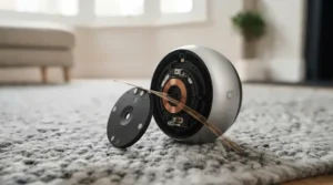 The sleek handheld remote control unit placed on wooden flooring alongside a feather teaser