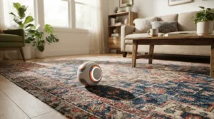 An electronic rolling treat dispensing cat toy moving across the living room carpet.