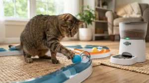 An active cat choosing a ball track toy vs food puzzle toy during physical play toy comparison