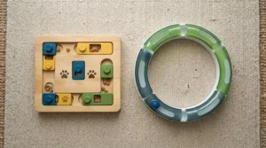 A cat toy format guide highlighting a ball track toy vs food puzzle toy for owners