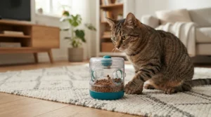 A boredom-busting treat dispensing cat toy keeping an adult cat mentally stimulated indoors.