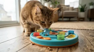 An adult cat lifting lids on a complex food puzzle toy for cats in a living room