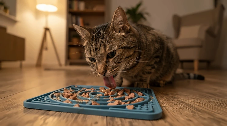 A relaxed cat eating dry kibble from a food puzzle toy for cats during evening indoor time
