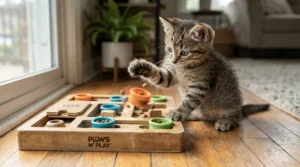 A playful kitten batting at a moving part of a food puzzle toy for cats in a family home