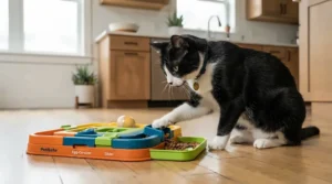 A black and white cat interacting with a plastic food puzzle toy for cats on tiled kitchen flooring