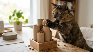 A tortoiseshell cat pawing at a foraging-style food puzzle toy for cats on wooden floorboards