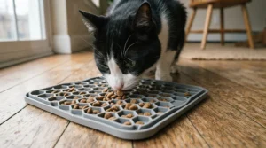 A curious tuxedo cat sniffing a mealtime enrichment food puzzle toy for cats in a hallway