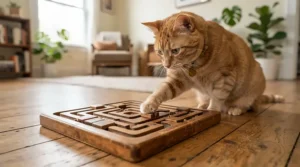 A ginger tabby cat using a wooden food puzzle toy for cats in a cosy living room