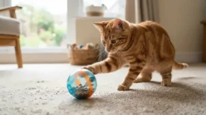 A ginger tabby cat pawing at a rolling treat dispensing cat toy during afternoon playtime.