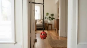 A hanging treat dispensing cat toy attached to a doorframe for solo batting practice.