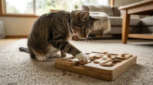 Using an interactive puzzle toy vs treat dispensing toy strategy to help prevent cat boredom in a flat.