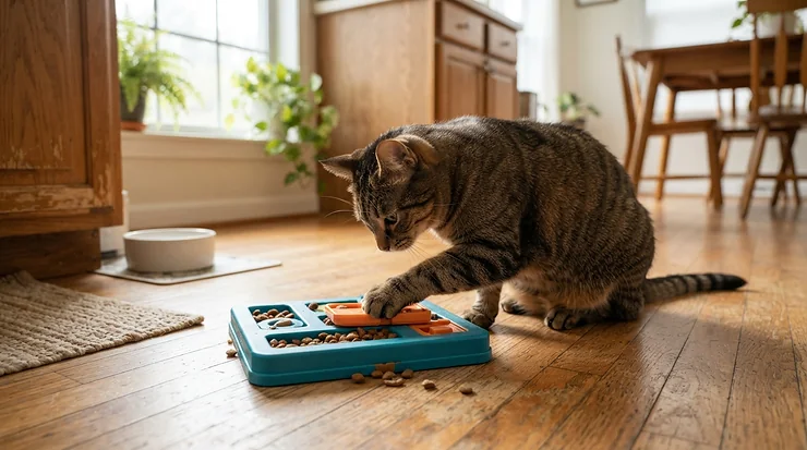 Comparing an interactive puzzle toy vs treat dispensing toy on a tiled kitchen floor to weigh up their pros and cons.