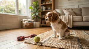 An interactive puzzle toy vs treat dispensing toy set out on a living room rug for a pet's daily enrichment strategy.