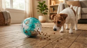 Evaluating mental stimulation options with an interactive puzzle toy vs treat dispensing toy during an afternoon play session.