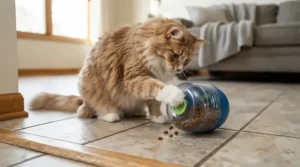 An energetic cat playing with a rotating puzzle feeder for overweight cats