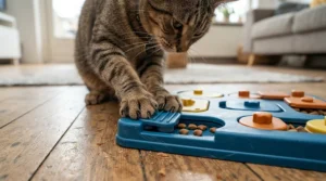 Close-up of a cat using its paws to retrieve food from a puzzle feeder for overweight cats