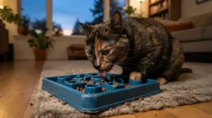 A domestic cat using a puzzle feeder for overweight cats before bedtime