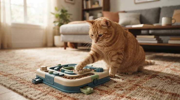 A tabby cat engaging with a puzzle feeder for overweight cats on a living room rug