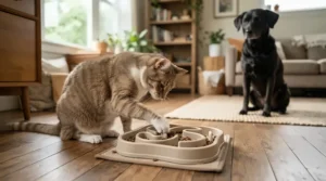 A cat focused on its puzzle feeder for overweight cats while another pet waits nearby