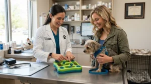 A veterinarian demonstrating a puzzle feeder for overweight cats during a health check-up