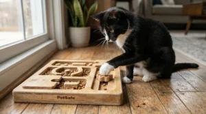 A black and white cat solving a wooden puzzle feeder for overweight cats