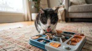 An older tuxedo cat taking its time with a slow feeder puzzle bowl for cats to aid tummy health.