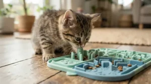 A playful kitten learning to forage dry food from a slow feeder puzzle bowl for cats.