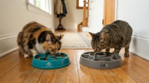 Two cats peacefully eating side by side using a slow feeder puzzle bowl for cats in a hallway.