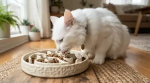 A fluffy Persian cat happily eating from a slow feeder puzzle bowl for cats designed to improve digestion.