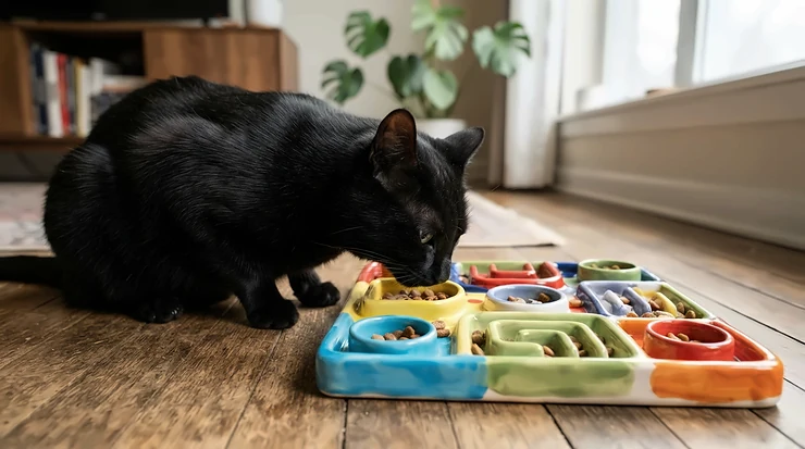 A sleek black cat calmly interacting with a slow feeder puzzle bowl for cats to prevent gulping its biscuits.