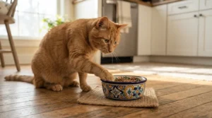 A ginger tabby cat engaging with a slow feeder puzzle bowl for cats on a tiled kitchen floor during breakfast time.