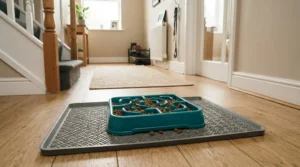 A slow feeder style treat dispensing cat toy encouraging natural hunting instincts at home.