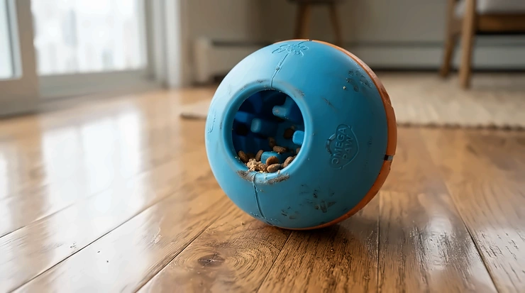 A treat dispensing cat toy sitting on a wooden floor in a living room, ready for play.