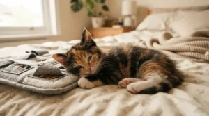 A sleepy kitten waking up to play with a plush treat dispensing toy for kittens on a bed