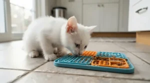 Early mental stimulation provided by a durable treat dispensing toy for kittens in a bright flat