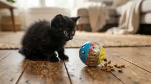 An easy-to-use treat dispensing toy for kittens rolling across a wooden floor during playtime